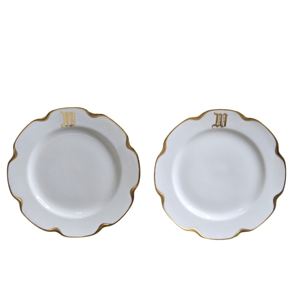 Set of 2 Antique Haviland Limoges 1913 Dessert Plates White Gold Monogram 7.5